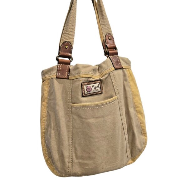 Fossil Modern Vintage Canvas & Leather Tote Bag Multiple Pockets Key Charm - Picture 2 of 11